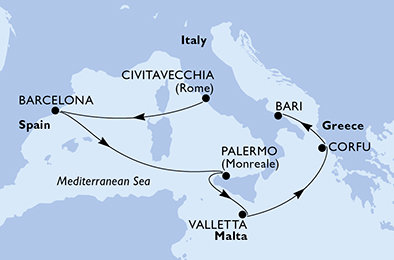 Taliansko, Španielsko, Malta, Grécko z Civitavechie na lodi MSC Fantasia