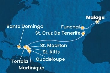 Španielsko, Portugalsko, Svatý Martin, Martinik, Guadeloupe, Svätý Krištof a Nevis, Britské Panenské ostrovy, Dominikánska republika z Málagy na lodi Costa Fascinosa