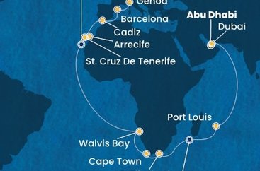 Spojené arabské emiráty, Maurícius, Juhoafrická republika, Namíbia, Španielsko, Taliansko z Abu Dhabi na lodi Costa Toscana