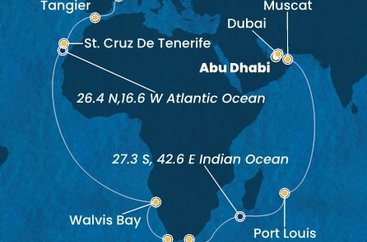 Spojené arabské emiráty, Omán, Maurícius, Juhoafrická republika, Namíbia, Španielsko, Maroko z Abu Dhabi na lodi Costa Smeralda