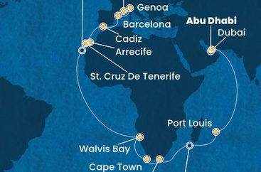 Spojené arabské emiráty, Maurícius, Juhoafrická republika, Namíbia, Španielsko, Taliansko, Francúzsko z Abu Dhabi na lodi Costa Toscana