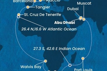 Spojené arabské emiráty, Omán, Maurícius, Juhoafrická republika, Namíbia, Španielsko, Maroko, Francúzsko, Taliansko z Abu Dhabi na lodi Costa Smeralda