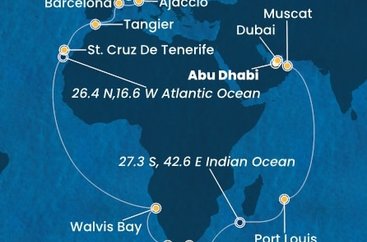 Spojené arabské emiráty, Omán, Maurícius, Juhoafrická republika, Namíbia, Španielsko, Maroko, Francúzsko, Taliansko z Abu Dhabi na lodi Costa Smeralda