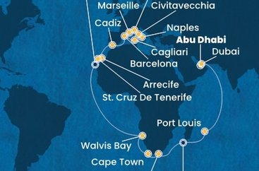 Spojené arabské emiráty, Maurícius, Juhoafrická republika, Namíbia, Španielsko, Taliansko, Francúzsko z Abu Dhabi na lodi Costa Toscana