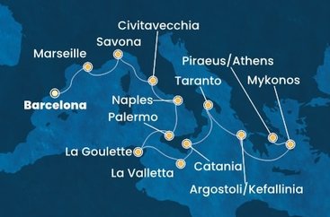 Španielsko, Francúzsko, Taliansko, Tunisko, Malta, Grécko z Barcelony na lodi Costa Fascinosa