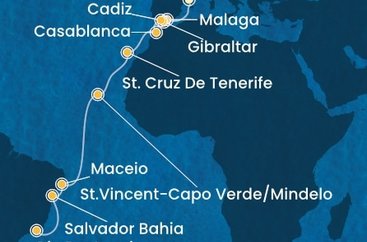 Španielsko, Gibraltár, Maroko, Kapverdy, Brazília z Barcelony na lodi Costa Diadema