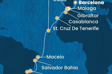 Španielsko, Gibraltár, Maroko, Kapverdy, Brazília z Barcelony na lodi Costa Diadema