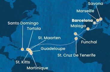 Španielsko, Taliansko, Francúzsko, Portugalsko, Svatý Martin, Martinik, Guadeloupe, Svätý Krištof a Nevis, Britské Panenské ostrovy, Dominikánska republika z Barcelony na lodi Costa Fascinosa