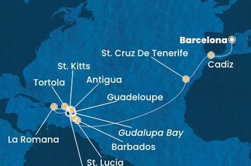 Španielsko, Barbados, Guadeloupe, Svätý Krištof a Nevis, Britské Panenské ostrovy, Dominikánska republika, Svätá Lucia, Zámořské společenství Francie, Antigua a Barbuda z Barcelony na lodi Costa Fascinosa