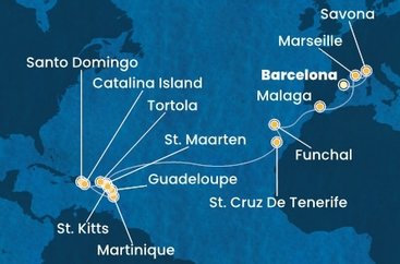 Španielsko, Taliansko, Francúzsko, Portugalsko, Svatý Martin, Martinik, Guadeloupe, Svätý Krištof a Nevis, Britské Panenské ostrovy, Dominikánska republika z Barcelony na lodi Costa Fascinosa