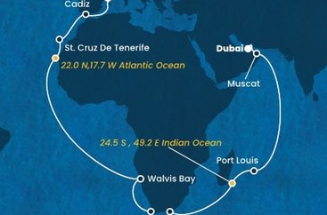 Španielsko, Namíbia, Juhoafrická republika, , Maurícius, Omán, Spojené arabské emiráty z Barcelony na lodi Costa Smeralda