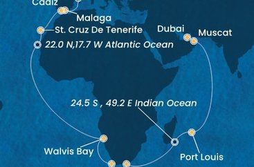 Španielsko, Namíbia, Juhoafrická republika, , Maurícius, Omán, Spojené arabské emiráty z Barcelony na lodi Costa Toscana