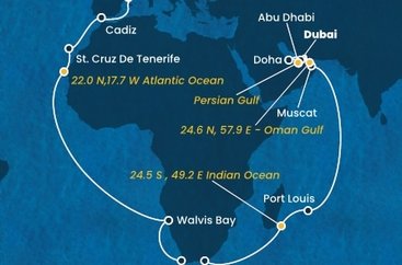 Španielsko, , Namíbia, Juhoafrická republika, Maurícius, Omán, Spojené arabské emiráty, Katar z Barcelony na lodi Costa Smeralda