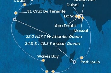 Španielsko, Namíbia, Juhoafrická republika, , Maurícius, Omán, Spojené arabské emiráty, Katar z Barcelony na lodi Costa Smeralda