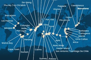 Španielsko, Maroko, Barbados, Kolumbia, Panama, Ekvádor, Peru, Chile, Zámořské území Velké Británie, Francouzská Polynésie, Francúzsko, Samoa, Tonga, Fiji, Vanuatská republika, Nová Kaledonie, Austrália, Papua Nová Guinea, Japonsko, Južná Kórea, Tchaj-wan, Čína, Vietnam, Singapur, Malajzia, Srí Lanka, Maledivy, Maurícius, Juhoafrická republika, Namíbia, Kapverdy z Barcelony na lodi Costa Deliziosa