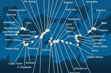 Taliansko, Francúzsko, Španielsko, Maroko, Barbados, Kolumbia, Panama, Ekvádor, Peru, Chile, Zámořské území Velké Británie, Francouzská Polynésie, Samoa, Tonga, Fiji, Vanuatská republika, Nová Kaledonie, Austrália, Papua Nová Guinea, Japonsko, Južná Kórea, Tchaj-wan, Čína, Vietnam, Singapur, Malajzia, Srí Lanka, Maledivy, Maurícius, Juhoafrická republika, Namíbia, Kapverdy, Grécko z Bari na lodi Costa Deliziosa