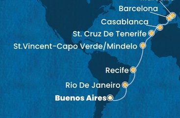 Argentína, Brazília, Kapverdy, Španielsko, Maroko, Francúzsko z Buenos Aires na lodi Costa Favolosa