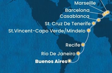 Argentína, Brazília, Kapverdy, Španielsko, Maroko, Francúzsko, Taliansko z Buenos Aires na lodi Costa Favolosa