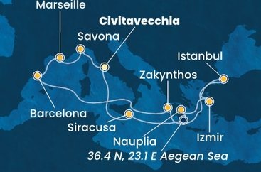 Taliansko, Grécko, Turecko, Španielsko, Francúzsko z Civitavechie na lodi Costa Fascinosa