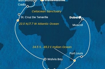 Taliansko, Francúzsko, Španielsko, Namíbia, Juhoafrická republika, , Maurícius, Omán, Spojené arabské emiráty z Civitavechie na lodi Costa Smeralda