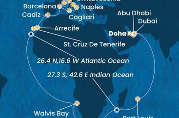 Katar, Spojené arabské emiráty, Maurícius, Juhoafrická republika, Namíbia, Španielsko, Taliansko, Francúzsko z Dohy na lodi Costa Toscana