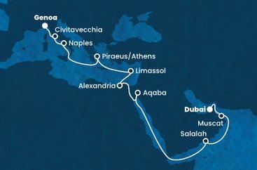 Spojené arabské emiráty, Omán, Jordánsko, Egypt, Cyprus, Grécko, Taliansko z Dubaja na lodi Costa Toscana