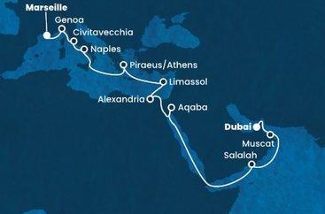 Spojené arabské emiráty, Omán, Jordánsko, Egypt, Cyprus, Grécko, Taliansko, Francúzsko z Dubaja na lodi Costa Toscana