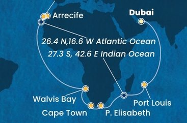 Spojené arabské emiráty, Maurícius, Juhoafrická republika, Namíbia, Španielsko z Dubaja na lodi Costa Toscana