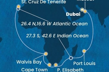 Spojené arabské emiráty, Omán, Maurícius, Juhoafrická republika, Namíbia, Španielsko z Dubaja na lodi Costa Smeralda