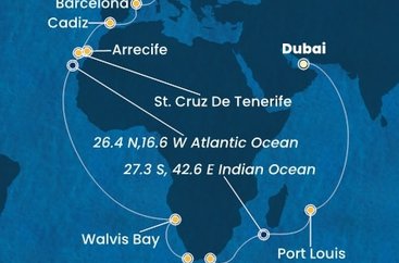 Spojené arabské emiráty, Maurícius, Juhoafrická republika, Namíbia, Španielsko, Taliansko z Dubaja na lodi Costa Toscana