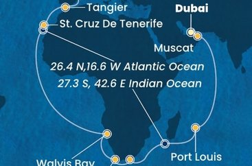 Spojené arabské emiráty, Omán, Maurícius, Juhoafrická republika, Namíbia, Španielsko, Maroko z Dubaja na lodi Costa Smeralda