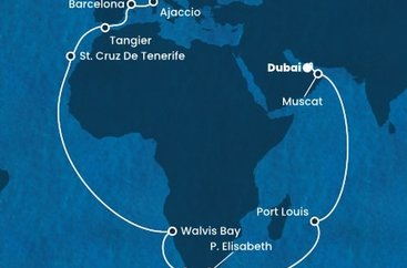 Spojené arabské emiráty, Omán, Maurícius, Juhoafrická republika, Namíbia, Španielsko, Maroko, Francúzsko, Taliansko z Dubaja na lodi Costa Smeralda