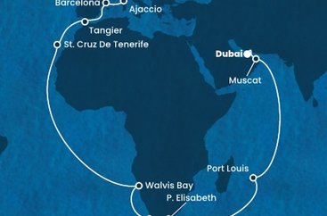 Spojené arabské emiráty, Omán, Maurícius, Juhoafrická republika, Namíbia, Španielsko, Maroko, Francúzsko, Taliansko z Dubaja na lodi Costa Smeralda