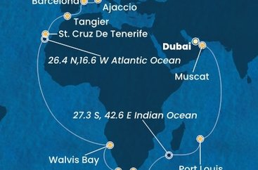 Spojené arabské emiráty, Omán, Maurícius, Juhoafrická republika, Namíbia, Španielsko, Maroko, Francúzsko, Taliansko z Dubaja na lodi Costa Smeralda