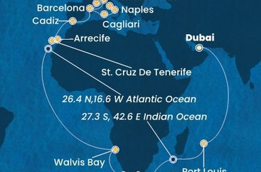 Spojené arabské emiráty, Maurícius, Juhoafrická republika, Namíbia, Španielsko, Taliansko, Francúzsko z Dubaja na lodi Costa Toscana