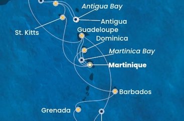 Martinik, Zámořské společenství Francie, Guadeloupe, Britské Panenské ostrovy, , Antigua a Barbuda, Svatý Martin, Svätý Krištof a Nevis, Trinidad a Tobago, Grenada, Barbados, Dominika z Fort de France, Martinik na lodi Costa Fortuna