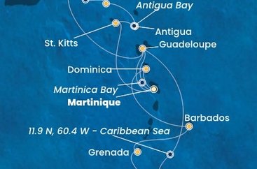 Martinik, Guadeloupe, Zámořské společenství Francie, Trinidad a Tobago, Grenada, Barbados, Dominika, Britské Panenské ostrovy, , Svatý Martin, Antigua a Barbuda, Svätý Krištof a Nevis z Fort de France, Martinik na lodi Costa Fortuna