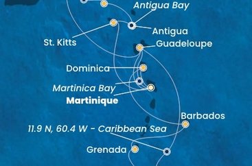 Martinik, Zámořské společenství Francie, Guadeloupe, Britské Panenské ostrovy, , Svatý Martin, Antigua a Barbuda, Svätý Krištof a Nevis, Trinidad a Tobago, Grenada, Barbados, Dominika z Fort de France, Martinik na lodi Costa Fortuna