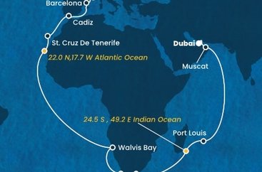 Taliansko, Francúzsko, Španielsko, Namíbia, Juhoafrická republika, , Maurícius, Omán, Spojené arabské emiráty z Janova na lodi Costa Smeralda