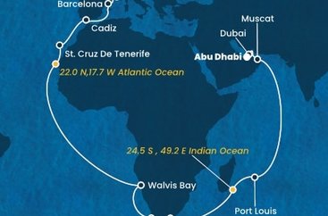 Taliansko, Francúzsko, Španielsko, Namíbia, Juhoafrická republika, , Maurícius, Omán, Spojené arabské emiráty z Janova na lodi Costa Smeralda