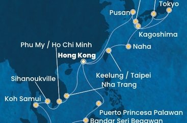 Čína, Tchaj-wan, Japonsko, Južná Kórea, Vietnam, Kambodža, Thajsko, Singapur, Brunej, Filipíny z Hong Kongu na lodi Costa Serena