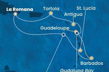 Dominikánska republika, Svätá Lucia, Barbados, Guadeloupe, Zámořské společenství Francie, Antigua a Barbuda, Britské Panenské ostrovy z La Romany na lodi Costa Fascinosa