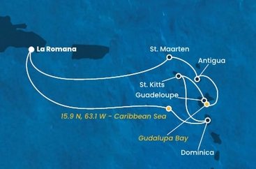 Dominikánska republika, Dominika, Svätý Krištof a Nevis, Guadeloupe, Zámořské společenství Francie, Antigua a Barbuda, Svatý Martin z La Romany na lodi Costa Fascinosa