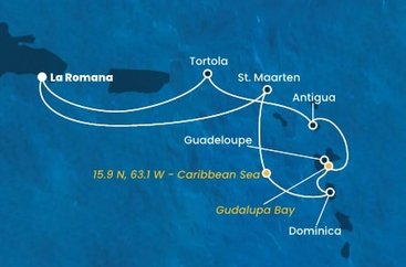 Dominikánska republika, Svatý Martin, Dominika, Guadeloupe, Zámořské společenství Francie, Antigua a Barbuda, Britské Panenské ostrovy z La Romany na lodi Costa Fascinosa