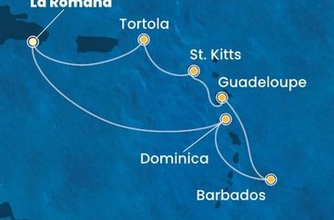 Dominikánska republika, Dominika, Barbados, Guadeloupe, Svätý Krištof a Nevis, Britské Panenské ostrovy z La Romany na lodi Costa Pacifica