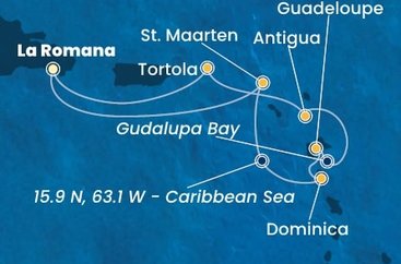 Dominikánska republika, Svatý Martin, Dominika, Guadeloupe, Zámořské společenství Francie, Antigua a Barbuda, Britské Panenské ostrovy z La Romany na lodi Costa Fascinosa