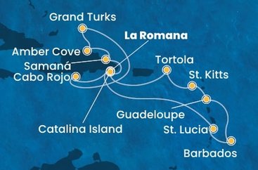 Dominikánska republika, Svätá Lucia, Barbados, Guadeloupe, Svätý Krištof a Nevis, Britské Panenské ostrovy, Veľká Británia z La Romany na lodi Costa Pacifica