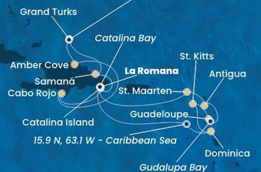 Dominikánska republika, Dominika, Svätý Krištof a Nevis, Guadeloupe, Zámořské společenství Francie, Antigua a Barbuda, Svatý Martin, Veľká Británia z La Romany na lodi Costa Fascinosa