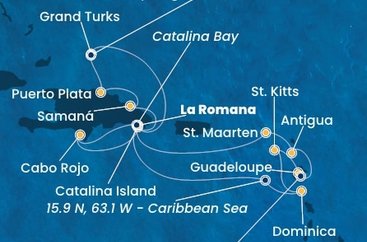 Dominikánska republika, Veľká Británia, Dominika, Svätý Krištof a Nevis, Guadeloupe, Zámořské společenství Francie, Antigua a Barbuda, Svatý Martin z La Romany na lodi Costa Fascinosa