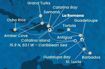 Dominikánska republika, Svätá Lucia, Barbados, Guadeloupe, Zámořské společenství Francie, Antigua a Barbuda, Britské Panenské ostrovy, Jamajka, Veľká Británia z La Romany na lodi Costa Fascinosa